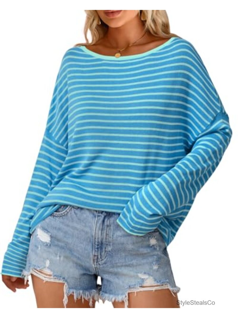 Linen Blend Oversized Off Shoulder Striped Pullover Sweater Boat Neck
